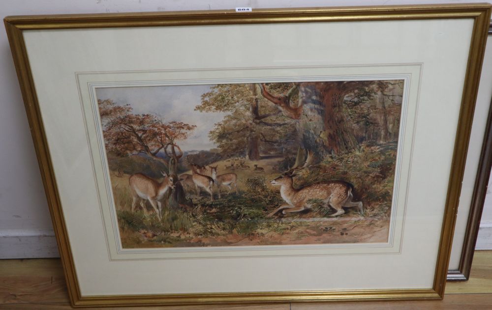 Charles Harvey Weigall (1794-1877), watercolour, Deer in parkland, a stately home beyond, signed, 42 x 64cm